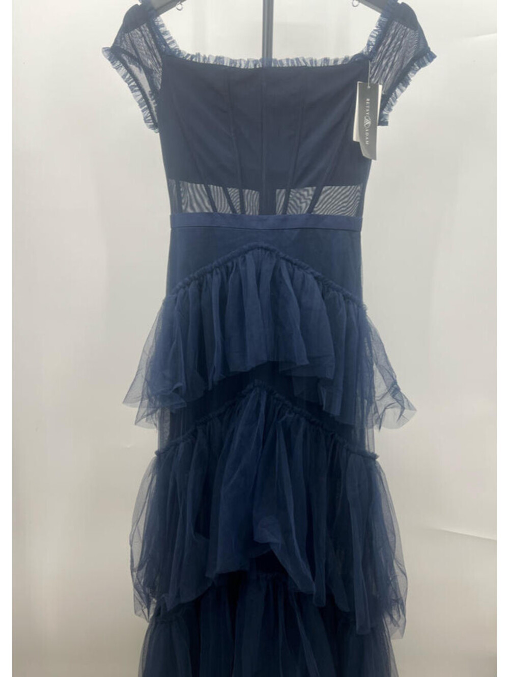 Betsy & Adam Over-The-Shoulder Tiered Mesh Gown Navy 2